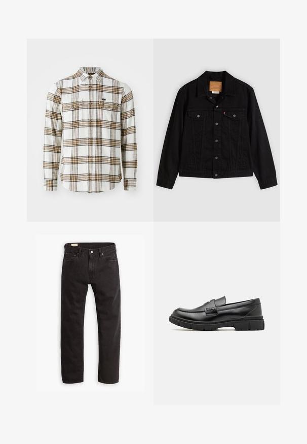 Chaqueta de mezclilla negra con un diseño clásico, que incluye cuello puntiagudo, bolsillos en el pecho, cierre de cinco botones y etiqueta de cuero de la marca.; Lee CLEAN WESTERN - Camisa - ecru ochre plaid; Jeans de denim negro con corte recto, que presentan un diseño clásico de cinco bolsillos, costuras sutiles y cierre de botón metálico.; Mocasin de cuero negro con una cinta ancha en el empeine, suela de goma con tacos gruesos y textura suave. Diseño clásico y elegante.