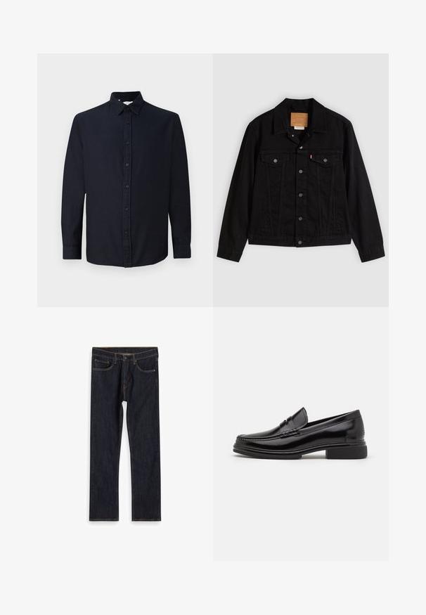 Chaqueta de mezclilla negra con un diseño clásico, que incluye cuello puntiagudo, bolsillos en el pecho, cierre de cinco botones y etiqueta de cuero de la marca.; Camisa de botones de manga larga en azul marino oscuro con cuello y puños, mostrada plana sobre un fondo claro y sencillo.; Jeans de mezclilla rectos de color azul oscuro con bolsillos frontales, lazos para cinturón y costuras naranjas en contraste, dispuestos sobre un fondo blanco.; Mocasines de cuero negro con punta redondeada, que presentan un detalle cosido a través del empeine y un tacón bajo y cuadrado. Textura suave y acabado brillante.