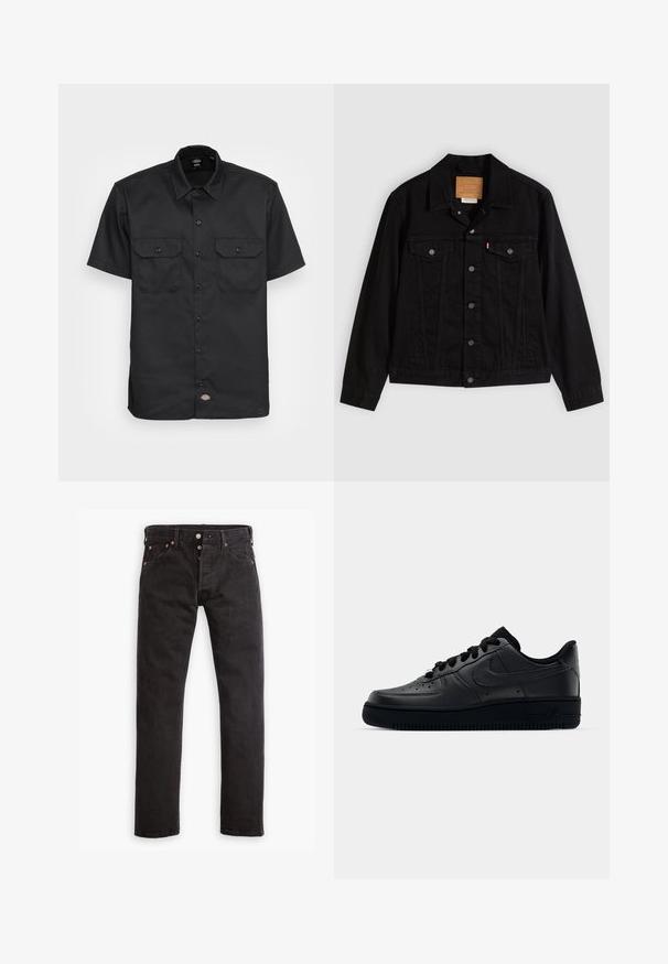 Veste en denim noir au design classique, avec un col pointu, des poches poitrine, une fermeture à cinq boutons et une étiquette de marque en cuir.; Chemise noire à manches courtes en tissu lisse ; présente deux poches poitrine avec rabat, fermeture à bouton et un col classique.; Jean slim noir avec patte de boutonnage, cinq poches et rivets en cuivre, à plat sur fond blanc.; Baskets Nike Air Force 1 noires avec un dessus en cuir lisse, bout perforé pour la respirabilité, lacets noirs et semelle en caoutchouc texturé.