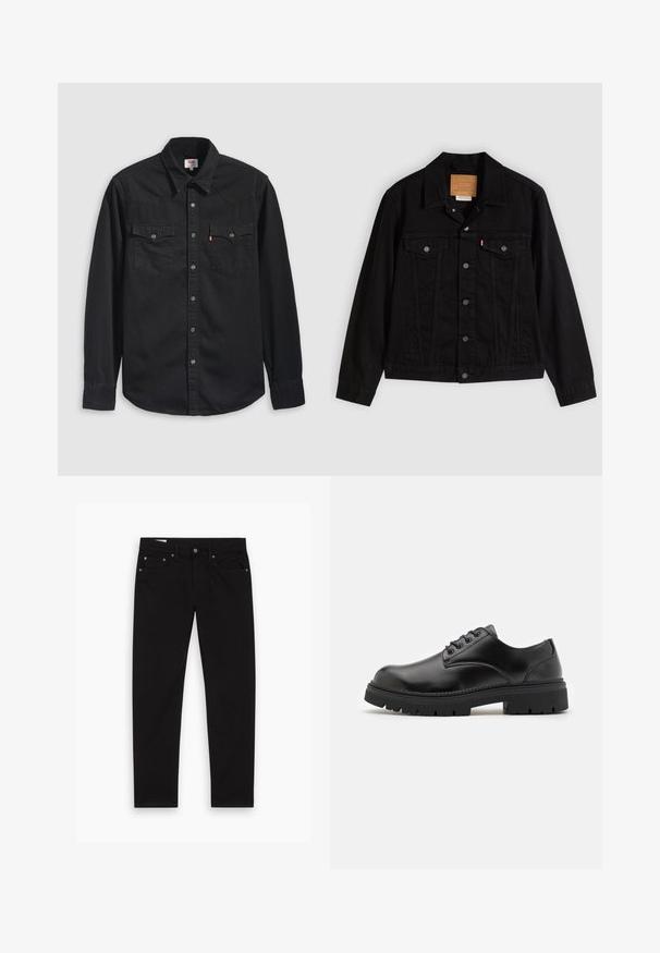 Musta denimtakki klassisella designilla, jossa on terävä kaulus, rintataskut, viiden napin kiinnitys ja nahkainen merkkilappu.; Musta denimpaita, jossa on napitettava etuosa, kaksi rintataskua ja terävä kaulus, jossa on näkyvät ompelu- ja tikkausyksityiskohdat.; Mustat suorat farkut etu- ja takataskuilla, vyölenkeillä sekä nappi- ja vetoketjukiinnityksellä, aseteltuna litteäksi valkoista taustaa vasten.; Mustat nahkakengät, joissa on pyöristetyt varpaat, nauhakiinnitys ja paksu, tekstuurilla varustettu kumipohja. Sisältää tikkausta reunoilla ja sileän pinnan.