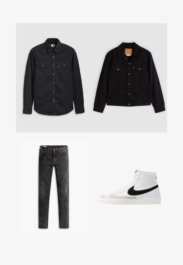 Veste en denim noir au design classique, avec un col pointu, des poches poitrine, une fermeture à cinq boutons et une étiquette de marque en cuir.; Chemise en denim noir avec col boutonné, deux poches poitrine et un col pointu avec des détails de couture visibles.; Jean slim noir délavé avec poches avant, passants de ceinture et fermeture par bouton, posé à plat sur un fond blanc.; Baskets montantes blanches avec un swoosh noir, un capuchon de pied texturé gris et une semelle plate blanche. Elles possèdent six œillets et des accents cousus.
