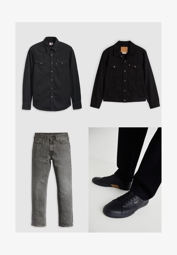 Veste en denim noir au design classique, avec un col pointu, des poches poitrine, une fermeture à cinq boutons et une étiquette de marque en cuir.; Chemise en denim noir avec col boutonné, deux poches poitrine et un col pointu avec des détails de couture visibles.; Jean en denim gris avec une coupe droite, comportant cinq poches, des rivets en cuivre et des coutures visibles. Design classique avec une braguette zippée.; Baskets en cuir noir au design épuré, dotées d'une surface texturée, d'un bout rond et de lacets noirs. Détail du logo doré sur le côté.