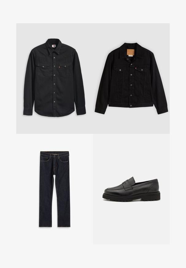 Veste en denim noir au design classique, avec un col pointu, des poches poitrine, une fermeture à cinq boutons et une étiquette de marque en cuir.; Chemise en denim noir avec col boutonné, deux poches poitrine et un col pointu avec des détails de couture visibles.; Jean droit en denim bleu foncé avec poches avant, passants de ceinture et coutures orange contrastées, posé à plat sur un fond blanc.; Mocassin en cuir noir avec un bout rond, des détails cousus, et une semelle épaisse et texturée. Présente un design élégant et minimaliste.