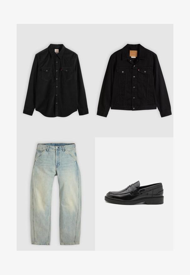 Chaqueta de mezclilla negra con un diseño clásico, que incluye cuello puntiagudo, bolsillos en el pecho, cierre de cinco botones y etiqueta de cuero de la marca.; Camisa de pana negra con mangas largas, cierre de botones, dos bolsillos en el pecho y cuello puntiagudo. Tejido texturizado con un acabado suave.; Vaqueros de pierna ancha en azul claro hechos de denim. Cuentan con cinco bolsillos, cierre de botón y zonas desgastadas para un aspecto envejecido.; Mocasines de cuero negro con un acabado suave, punta redondeada, tacón bajo y costura decorativa en la parte delantera. Suela de goma para mayor agarre.