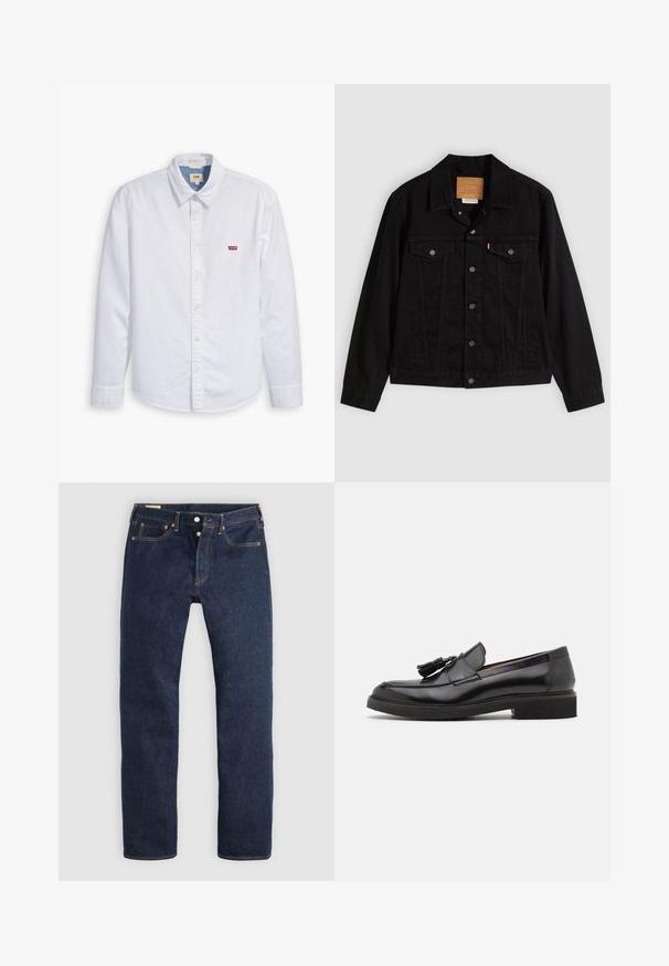 Veste en denim noir au design classique, avec un col pointu, des poches poitrine, une fermeture à cinq boutons et une étiquette de marque en cuir.; Chemise blanche à manches longues et à boutons en coton. Avec un col pointu et un petit logo rouge Levi's sur la poitrine gauche. Texture lisse.; Jean droit bleu foncé avec braguette à boutons, poches avant et arrière, et surpiqûres contrastantes, posé à plat sur un fond clair.; Mocassins en cuir noir avec des détails en franges, bout rond et semelle texturée. Présente une finition lisse et un design minimaliste.