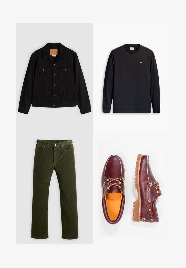 Schwarze Jeansjacke mit klassischem Design, ausgestattet mit spitzem Kragen, Brusttaschen, Fünf-Knopf-Verschluss und Leder-Label der Marke.; Schwarzes Langarm-T-Shirt aus Baumwolle. Verfügt über einen Rundhalsausschnitt und ein kleines rotes Logo auf der Brust. Glatte Textur, Standardpassform.; Olivgrüne Kordhosen mit geradem Schnitt, vorderem Knopf, Reißverschluss, Gürtelschlaufen und fünf Taschen auf einem weißen Hintergrund.; Bordeauxfarbene Lederschuhe mit braunen Gummisohlen, runder Zehenform, weißen Nähten und goldenen Ösen. Das Innenfutter weist eine gelbe Beschichtung auf.