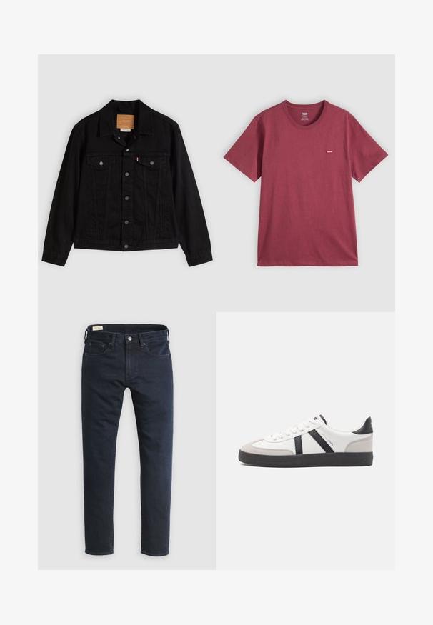 Veste en denim noir au design classique, avec un col pointu, des poches poitrine, une fermeture à cinq boutons et une étiquette de marque en cuir.; T-shirt uni bordeaux à manches courtes et col rond avec une petite étiquette rouge du logo Levi's sur la poitrine gauche.; Jean en denim bleu foncé avec une coupe droite, design à cinq poches, fermeture à boutons à l'avant et détails de couture minimaux.; Baskets blanches avec des accents noirs et gris, présentant un embout texturé gris, une semelle en caoutchouc noir et des lacets plats blancs. Design épuré, style minimaliste.