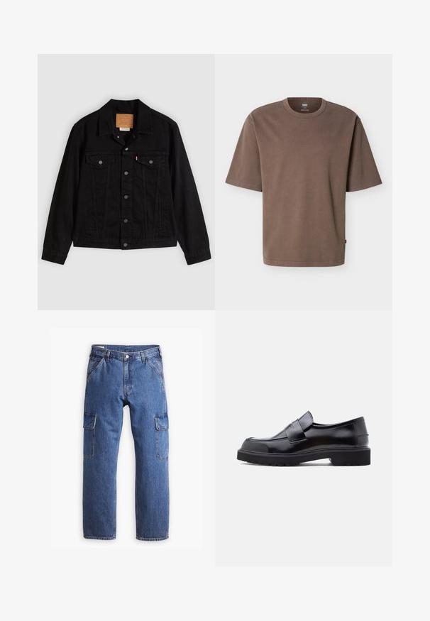Chaqueta de mezclilla negra con un diseño clásico, que incluye cuello puntiagudo, bolsillos en el pecho, cierre de cinco botones y etiqueta de cuero de la marca.; Camiseta de algodón marrón de manga corta y corte holgado, con cuello redondo y una pequeña etiqueta roja de Levi's en la costura lateral.; Pantalones cargo de mezclilla azul con un diseño de pierna recta, dos bolsillos laterales y detalles de costura visibles. En general, estilo casual y funcional.; Zapato negro de piel sin cordones con un diseño elegante, punta redondeada y una suela de goma gruesa y texturizada. Cuenta con una correa decorativa en la parte frontal.