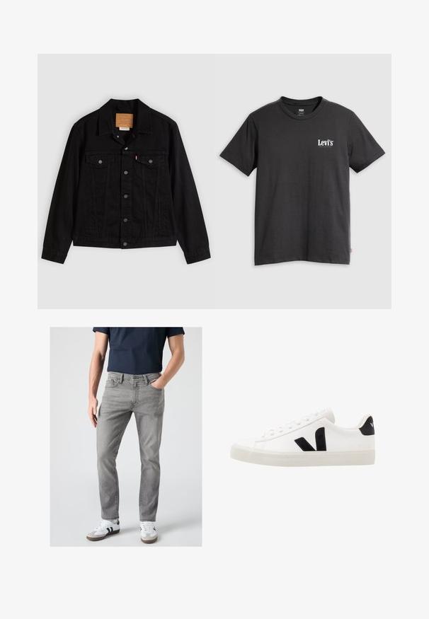 Sort denimjakke med klassisk design, der har en spids krave, brystlommer, lukning med fem knapper og et lædermærke med mærkenavn.; Sort bomulds-T-shirt med korte ærmer, rund hals og hvid "Levi's"-logo trykt på venstre bryst. Blød tekstur, afslappet pasform.; Mand iført grå slim-fit jeans, hvide sneakers med sorte striber og en mørkeblå kortærmet skjorte, står med den ene hånd i lommen.; Hvide lædersneakers med sorte ruskindsdetaljer; har en gummisål, rund tå og klassisk snørebåndsdesign. Side logo i sort.