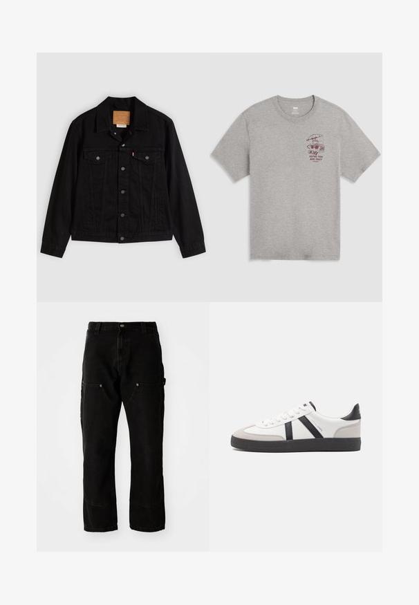 Schwarze Jeansjacke mit klassischem Design, ausgestattet mit spitzem Kragen, Brusttaschen, Fünf-Knopf-Verschluss und Leder-Label der Marke.; Hellgraues T-Shirt mit Rundhalsausschnitt und kleinem dunkelrotem Motiv eines Toasters unter einem Regenschirm sowie dem Text "Keeping them buns toasty since 1873" auf der linken Brust.; Schwarze Denim Cargo-Hosen mit lockerer Passform, ausgestattet mit zwei Vordertaschen, Seitentaschen und sichtbaren Nähdetails.; Weiße Sneaker mit schwarz- und grau-aczenten, ausgestattet mit einer strukturierten grauen Zehenkappe, schwarzer Gummi-Sohle und flachen weißen Schnürsenkeln. Sauberes Design, minimalistische Stil.