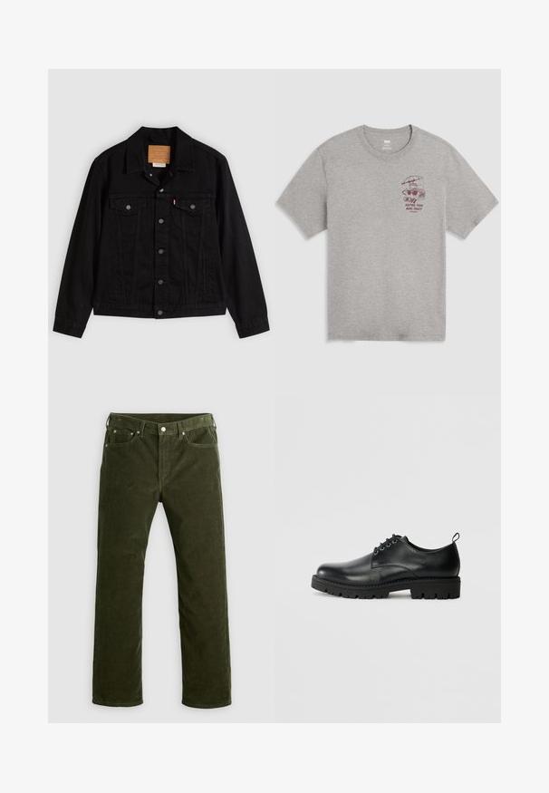 Veste en denim noir au design classique, avec un col pointu, des poches poitrine, une fermeture à cinq boutons et une étiquette de marque en cuir.; T-shirt gris clair à col rond avec un petit motif bordeaux représentant un grille-pain sous un parapluie et le texte "Gardant les petits pains chauds depuis 1873" sur le côté gauche de la poitrine.; Pantalons en velours côtelé vert olive à jambe droite avec bouton avant, fermeture éclair, passants de ceinture et design à cinq poches sur fond blanc.; Chaussure en cuir noir à bout arrondi, présentant un design à lacets, une semelle en caoutchouc noire robuste et un petit onglet de talon à l'arrière.