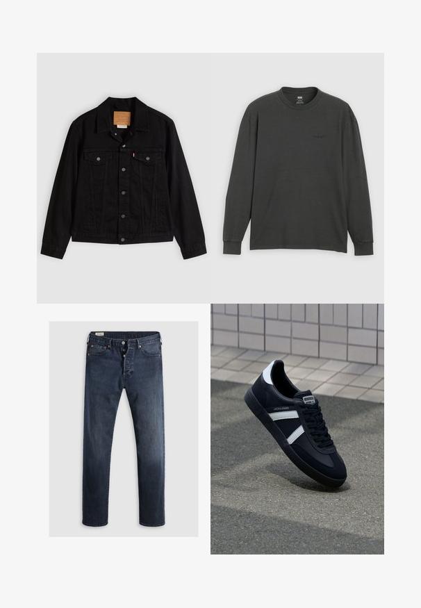 Veste en denim noir au design classique, avec un col pointu, des poches poitrine, une fermeture à cinq boutons et une étiquette de marque en cuir.; T-shirt à manches longues en coton gris foncé, doté d'un col rond et d'une texture douce, avec un logo discret imprimé sur le devant.; Jeans en denim bleu foncé avec une coupe droite, dotés d'un zip et de boutons en métal, ainsi que d'accents de rivets en cuivre. Texture lisse, sans motifs visibles.; Sneaker en cuir noir avec des rayures blanches, semelle en caoutchouc texturée et devant à lacets. Présente une étiquette de marque sur la languette.