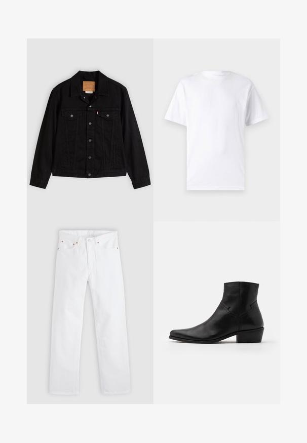 Schwarze Jeansjacke mit klassischem Design, ausgestattet mit spitzem Kragen, Brusttaschen, Fünf-Knopf-Verschluss und Leder-Label der Marke.; Weißes kurzärmeliges T-Shirt aus Baumwolle mit Rundhalsausschnitt, das eine glatte Textur und ein einfaches Design ohne Muster oder Akzente aufweist.; Weiße Jeans mit geradem Bein, Fünf-Taschen-Design, Knopf- und Reißverschlussverschluss sowie Kupfernieten-Details an den Taschen.; Schwarze Leder-Ankle-Boots mit spitzer Zehenpartie, minimalen Nähdetails, einem mittelhohen Blockabsatz und einer glatten, polierten Oberfläche.