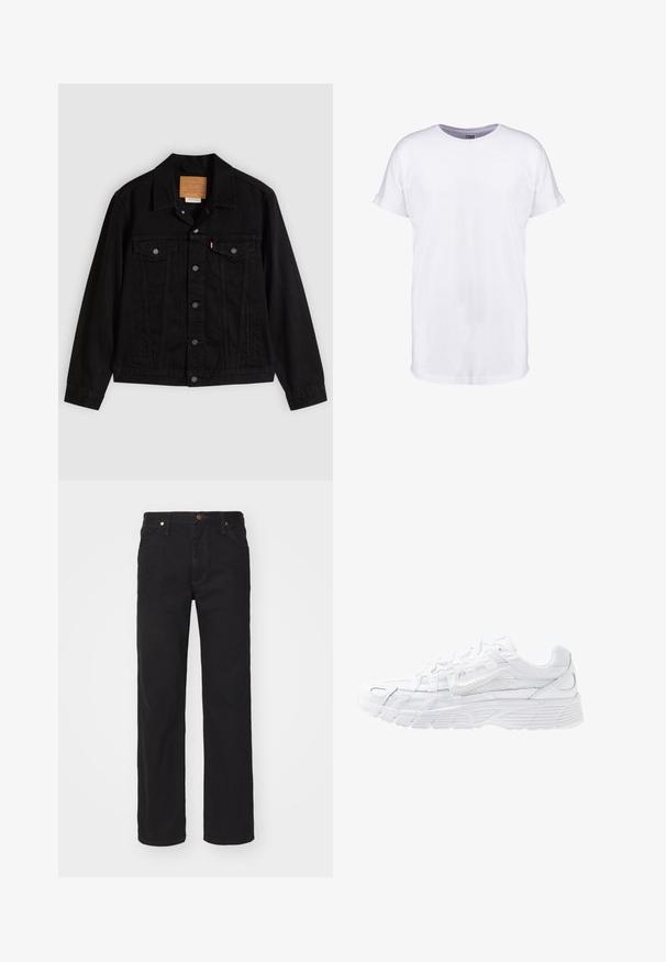 Schwarze Jeansjacke mit klassischem Design, ausgestattet mit spitzem Kragen, Brusttaschen, Fünf-Knopf-Verschluss und Leder-Label der Marke.; Schlichtes weißes kurzärmeliges T-Shirt mit umgeschlagenen Ärmelbündchen und rundem Halsausschnitt, dargestellt auf weißem Hintergrund.; Schwarze Straight-Leg-Denim-Jeans mit vorderen Taschen, Gürtelschlaufen und Knopfverschluss auf schlichtem Hintergrund.; Nike Sportswear P-6000 - Sneaker low - white/platinum tint