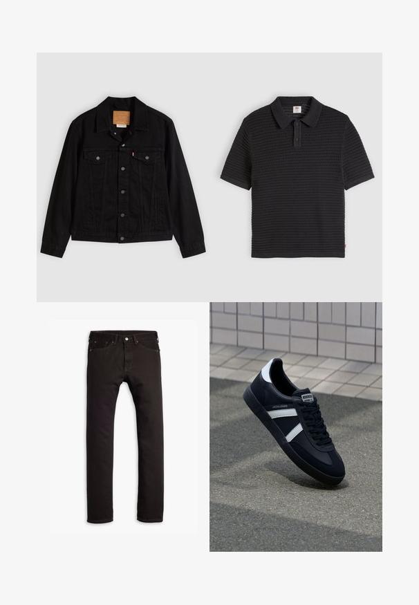Veste en denim noir au design classique, avec un col pointu, des poches poitrine, une fermeture à cinq boutons et une étiquette de marque en cuir.; Polo en maille noire à manches courtes avec rayures horizontales texturées, patte à deux boutons et col ainsi que poignets en côte, présenté à plat.; Jean slim noir avec cinq poches et fermeture à bouton, présenté à plat sur un fond blanc.; Sneaker en cuir noir avec des rayures blanches, semelle en caoutchouc texturée et devant à lacets. Présente une étiquette de marque sur la languette.