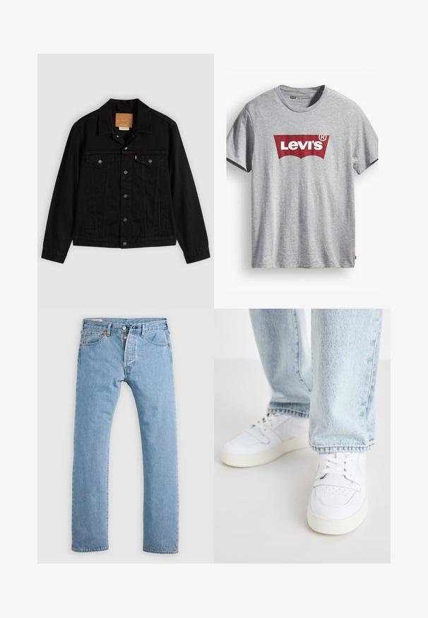 Veste en denim noir au design classique, avec un col pointu, des poches poitrine, une fermeture à cinq boutons et une étiquette de marque en cuir.; T-shirt en coton gris avec un logo Levi's rouge en design courbé. Manches courtes, col rond, et une étiquette en bas à gauche.; Jean en denim droit bleu clair avec fermeture à boutons, passants de ceinture, et poches avant et arrière, présenté sur un fond blanc.; Baskets basses en cuir blanc avec un bout perforé, des lacets plats et un design minimaliste. Associées à un jean en denim bleu clair.