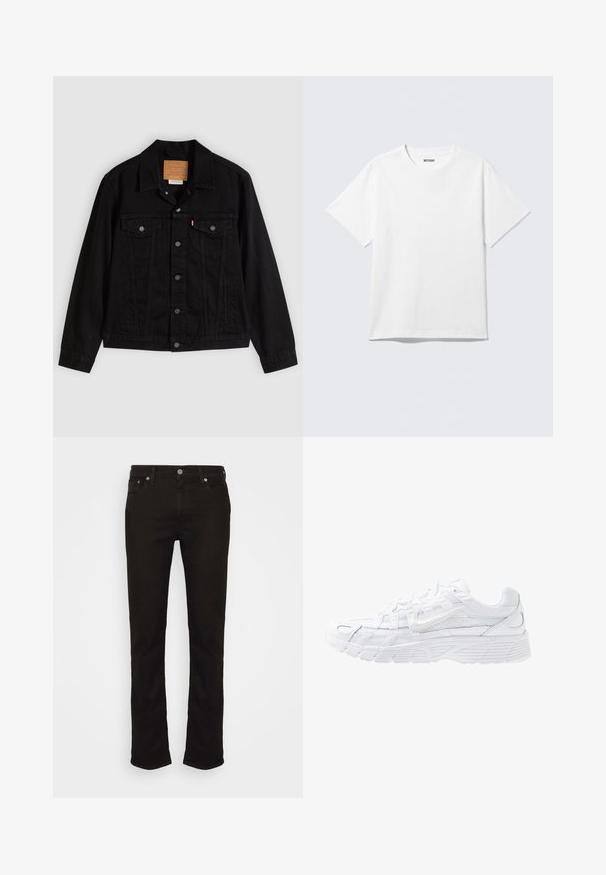 Sort denimjakke med klassisk design, der har en spids krave, brystlommer, lukning med fem knapper og et lædermærke med mærkenavn.; Hvid kortærmet crewneck T-shirt lagt fladt ud, ensfarvet design, med "WEEKDAY" mærkat inde i kraven på en lys baggrund.; Sorte denim jeans med lige ben, der har et klassisk fem-lomme design, metal knaplukning og diskrete syninger.; Nike Sportswear P 6000 - Sneakers - white/platinum tint