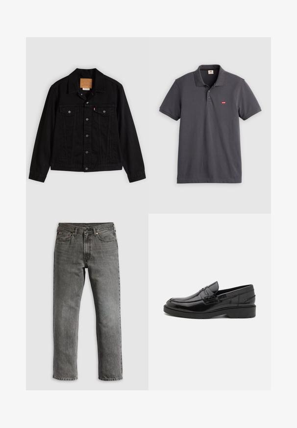 Schwarze Jeansjacke mit klassischem Design, ausgestattet mit spitzem Kragen, Brusttaschen, Fünf-Knopf-Verschluss und Leder-Label der Marke.; Dunkelgraues kurzärmeliges Polohemd mit Kragen, Knopfleiste mit zwei Knöpfen und kleinem roten Levi's-Logo auf der linken Brust.; Graue Jeans aus Denim mit geradem Bein, ausgestattet mit fünf Taschen, kupfernen Nieten und sichtbaren Nähten. Klassisches Design mit Reißverschluss.; Schwarze Lederloafers mit glatter Oberfläche, abgerundetem Zehenbereich, niedrigem Absatz und dekorativer Naht entlang der Vorderseite. Gummisohle für guten Halt.