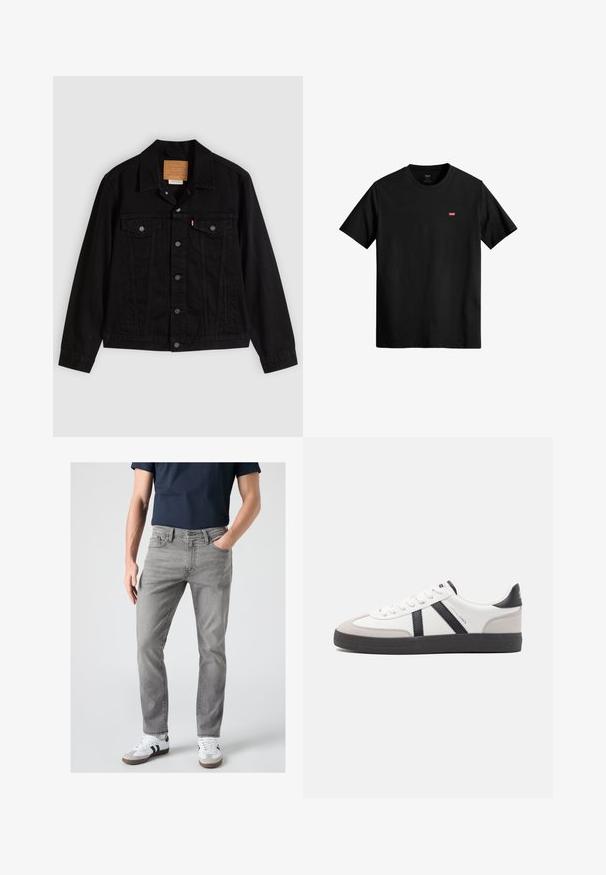 Zwarte spijkerjack met een klassiek ontwerp, voorzien van een puntkraag, borstzakken, vijf knopen aan de voorkant en een leren merkembleem.; Zwarte katoenen t-shirt met een ronde hals, korte mouwen en een klein rood Levi's-logo op de linkerkant van de borst. Lichtgewicht en eenvoudig ontwerp.; Man draagt grijze slim-fit jeans, witte sneakers met zwarte strepen en een donkerblauw shirt met korte mouwen, staand met één hand in de zak.; Witte sneaker met zwarte en grijze accenten, voorzien van een grijze neus met textuur, zwarte rubberen zool en platte witte veters. Schoon ontwerp, minimalistische stijl.