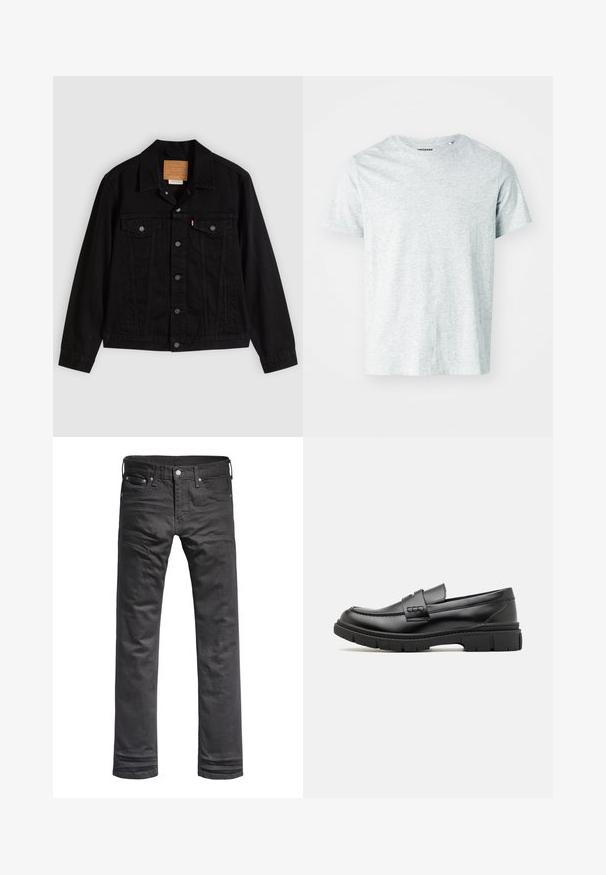 Sort denimjakke med klassisk design, der har en spids krave, brystlommer, lukning med fem knapper og et lædermærke med mærkenavn.; Lys grå, kortærmet t-shirt lavet af blødt stof, med en rund hals og en let afslappet pasform. Ingen synlige mønstre eller grafik.; Sorte denim jeans med et klassisk lige ben-design. Har frontlommer, knaplukning og diskrete syninger.; Sort læder loafersko med en bred rem over forfoden, gummisål med tykke mønstre og glat overflade. Klassisk, slankt design.