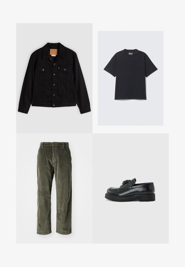 Schwarze Jeansjacke mit klassischem Design, ausgestattet mit spitzem Kragen, Brusttaschen, Fünf-Knopf-Verschluss und Leder-Label der Marke.; Schwarzes Baumwoll-T-Shirt mit klassischem Rundhalsausschnitt, kurzen Ärmeln und lockerer Passform. Glatte Textur mit minimalen Nähten.; Olivgrüne Cordhosen mit vertikalen Rippungen, ausgestattet mit einem Knopfverschluss und einem geraden Schnitt. Weicher Stoff mit klassischer Passform.; Schwarzer Leder-Slipper mit Quasten, dicke Gummisohle und niedrigem Absatz, im Seitenprofil vor einem einfarbigen Hintergrund gezeigt.