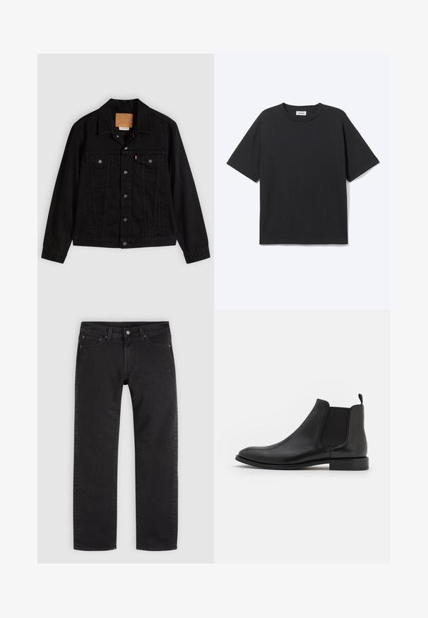 Schwarze Jeansjacke mit klassischem Design, ausgestattet mit spitzem Kragen, Brusttaschen, Fünf-Knopf-Verschluss und Leder-Label der Marke.; Schwarzes T-Shirt mit kurzen Ärmeln und Rundhalsausschnitt in lockerer Passform, Vorderansicht, schlichtes Design und sichtbares Weekday-Label im Krageninneren.; Schwarze Jeans mit geradem Bein, vorderem Knopf und Reißverschluss, Gürtelschlaufen und Fünf-Taschen-Design auf schlichtem hellem Hintergrund.; Schwarze Leder-Chelsea-Stiefel mit elastischen seitlichen Riemen, einer abgerundeten Kappe und einem niedrigen Absatz. Glatte Textur mit minimalistischer Gestaltung.