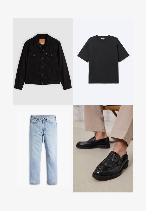 Sort denimjakke med klassisk design, der har en spids krave, brystlommer, lukning med fem knapper og et lædermærke med mærkenavn.; Sort T-shirt med korte ærmer og rund hals med afslappet pasform, forfra, ensfarvet design og synligt Weekday-mærke inde i kraven.; Lyseblå denimjeans med lige ben, fem-lommerstil og robust syning. Har lynlås og metalknap.; Sorte lædermokkasiner med en glat overflade, der har en dekorativ rem og kontraststing, parret med beige bukser.