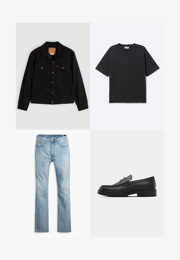 Schwarze Jeansjacke mit klassischem Design, ausgestattet mit spitzem Kragen, Brusttaschen, Fünf-Knopf-Verschluss und Leder-Label der Marke.; Schwarzes T-Shirt mit kurzen Ärmeln und Rundhalsausschnitt in lockerer Passform, Vorderansicht, schlichtes Design und sichtbares Weekday-Label im Krageninneren.; Hellblaue Jeans aus Denim, mit geradem Bein, fünf Taschen, kontrastierenden Nähten und einem Knopfverschluss am Bund.; Schwarze Lederloafer mit runder Zehenform, ausgestattet mit einem gesteppten Design, niedrigem Plattformsohle und einer strukturierten, genoppten Gummisohle.
