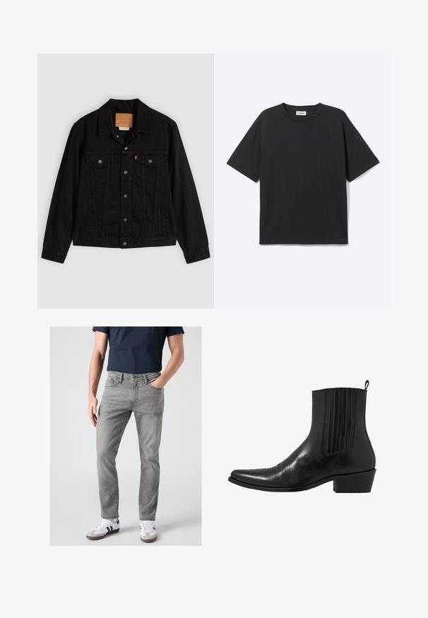 Sort denimjakke med klassisk design, der har en spids krave, brystlommer, lukning med fem knapper og et lædermærke med mærkenavn.; Sort T-shirt med korte ærmer og rund hals med afslappet pasform, forfra, ensfarvet design og synligt Weekday-mærke inde i kraven.; Mand iført grå slim-fit jeans, hvide sneakers med sorte striber og en mørkeblå kortærmet skjorte, står med den ene hånd i lommen.; Sort læder ankelstøvle med spids tå, elastiske sidepaneler, lodrette stikninger og en lav blokhæl.