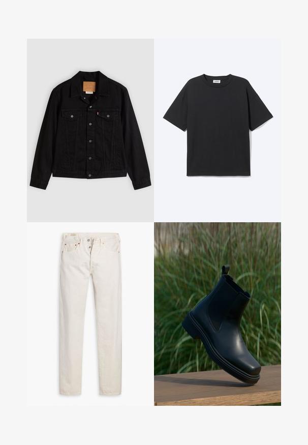 Sort denimjakke med klassisk design, der har en spids krave, brystlommer, lukning med fem knapper og et lædermærke med mærkenavn.; Sort T-shirt med korte ærmer og rund hals med afslappet pasform, forfra, ensfarvet design og synligt Weekday-mærke inde i kraven.; Off-white high-waisted slim-fit jeans med knaplukning, fem lommer og kobbernitter, lagt fladt på en hvid baggrund.; Sorte læder Chelsea støvler med elastiske sider, rund tå, lav hæl og en strop bagpå, mod en sløret grøn baggrund.