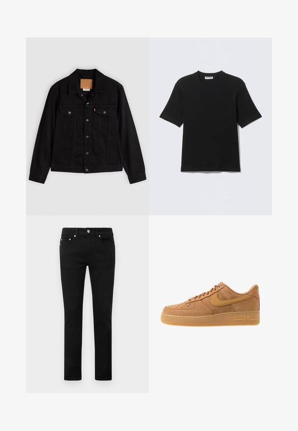 Zwarte spijkerjack met een klassiek ontwerp, voorzien van een puntkraag, borstzakken, vijf knopen aan de voorkant en een leren merkembleem.; Zwart T-shirt met korte mouwen en ronde hals, met een label "WEEKDAY" aan de binnenkant van de kraag, plat neergelegd op een lichte achtergrond.; Zwarte slim-fit jeans met vijf zakken, metalen knoop en riemlussen, plat getoond tegen een witte achtergrond.; Nike Sportswear AIR FORCE 1 07 - Sneakers laag - flax/wheat/light brown/black/team gold