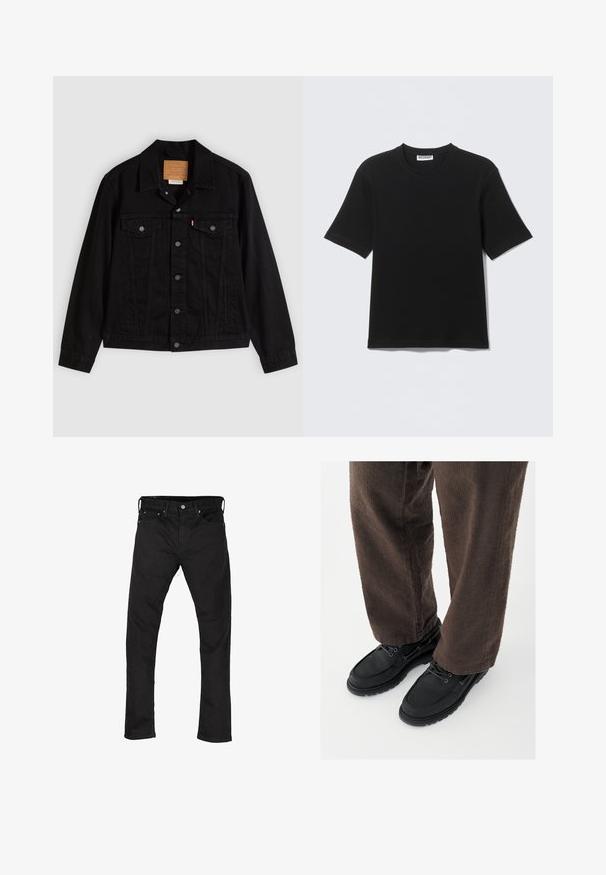 Sort denimjakke med klassisk design, der har en spids krave, brystlommer, lukning med fem knapper og et lædermærke med mærkenavn.; Sort kortærmet T-shirt med rund hals og "WEEKDAY" mærke på indersiden af kraven, vist fladt på en lys baggrund.; Sorte slim-fit jeans med fem lommer og knaplukning, præsenteret fladt på en hvid baggrund.; Sorte lædersko med glat finish, rundet tå og snøredesign, kombineret med teksturerede brune bukser. Set fra gulvniveau.