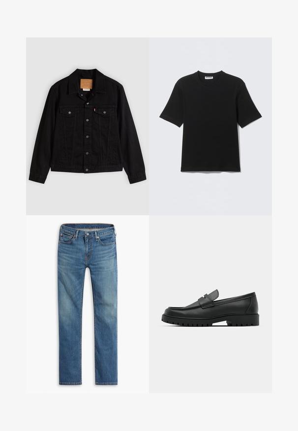 Veste en denim noir au design classique, avec un col pointu, des poches poitrine, une fermeture à cinq boutons et une étiquette de marque en cuir.; T-shirt noir à manches courtes avec col rond, portant une étiquette "WEEKDAY" à l'intérieur du col, présenté à plat sur un fond clair.; Jeans en denim bleu à jambe droite avec fermeture à bouton et à zipper à l'avant, design à cinq poches et décoloration subtile sur les cuisses et les genoux.; Mocassins en cuir noir à bout arrondi, avec un design cousu, une semelle plateforme basse et une semelle en caoutchouc texturée et crantée.
