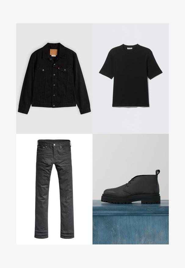 Veste en denim noir au design classique, avec un col pointu, des poches poitrine, une fermeture à cinq boutons et une étiquette de marque en cuir.; T-shirt noir à manches courtes avec col rond, portant une étiquette "WEEKDAY" à l'intérieur du col, présenté à plat sur un fond clair.; Jeans en denim noir avec un design classique à jambes droites. Comprend des poches avant, une fermeture à bouton et des détails de couture subtils.; Bottine noire en cuir avec un dessus texturé, un design à lacets, et une semelle en caoutchouc épaisse avec un profond relief pour une meilleure adhérence.