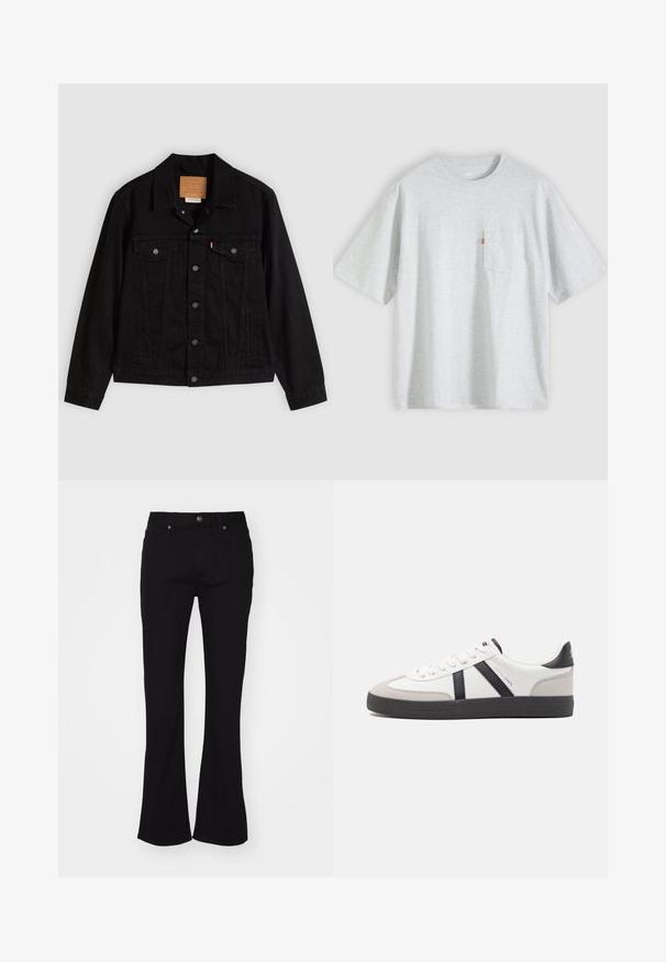 Schwarze Jeansjacke mit klassischem Design, ausgestattet mit spitzem Kragen, Brusttaschen, Fünf-Knopf-Verschluss und Leder-Label der Marke.; Hellgraues T-Shirt mit kurzen Ärmeln, Rundhalsausschnitt und einer kleinen Brusttasche auf der linken Seite mit rotem Etikett.; Schwarze hoch taillierte Schlagjeans mit Knopfverschluss vorne und fünf Taschen, auf einem weißen Hintergrund präsentiert.; Weiße Sneaker mit schwarz- und grau-aczenten, ausgestattet mit einer strukturierten grauen Zehenkappe, schwarzer Gummi-Sohle und flachen weißen Schnürsenkeln. Sauberes Design, minimalistische Stil.