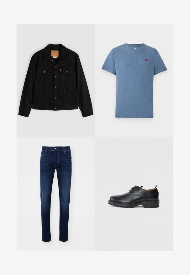 Zwarte spijkerjack met een klassiek ontwerp, voorzien van een puntkraag, borstzakken, vijf knopen aan de voorkant en een leren merkembleem.; Blauw gemêleerd T-shirt met korte mouwen en ronde hals, klein rood Levi's-logo op de linkerborst.; Donkerblauwe slim-fit spijkerbroek met knoop aan de voorkant, zakken, riemlussen en subtiele vervaging details op de benen.; Zwarte leren derby schoenen met een gladde textuur, ronde neus, vetersluiting en een dikke, robuuste rubberen zool.