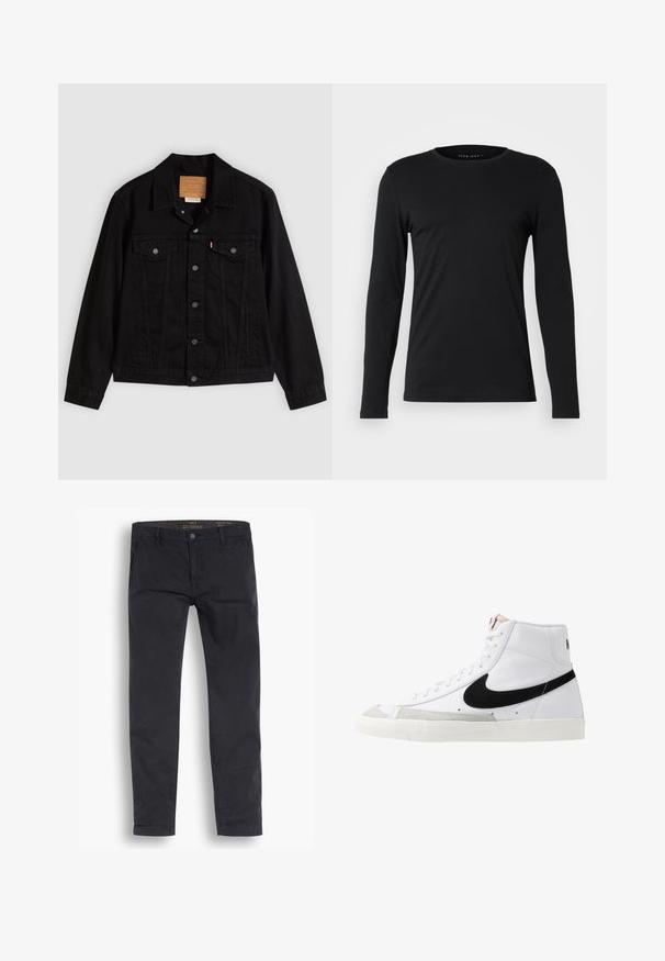 Chaqueta de mezclilla negra con un diseño clásico, que incluye cuello puntiagudo, bolsillos en el pecho, cierre de cinco botones y etiqueta de cuero de la marca.; Camiseta de manga larga negra, hecha de tejido suave. Presenta un escote redondo y una silueta ajustada sin gráficos ni adornos visibles.; Pantalones chinos negros de algodón. Presentan un diseño de pernera estándar, bolsillos frontales y un cierre de botón con una textura suave.; Zapatillas altas blancas con un swoosh negro, una puntera texturizada en gris y suela plana blanca. Presenta seis ojales y acentos cosidos.