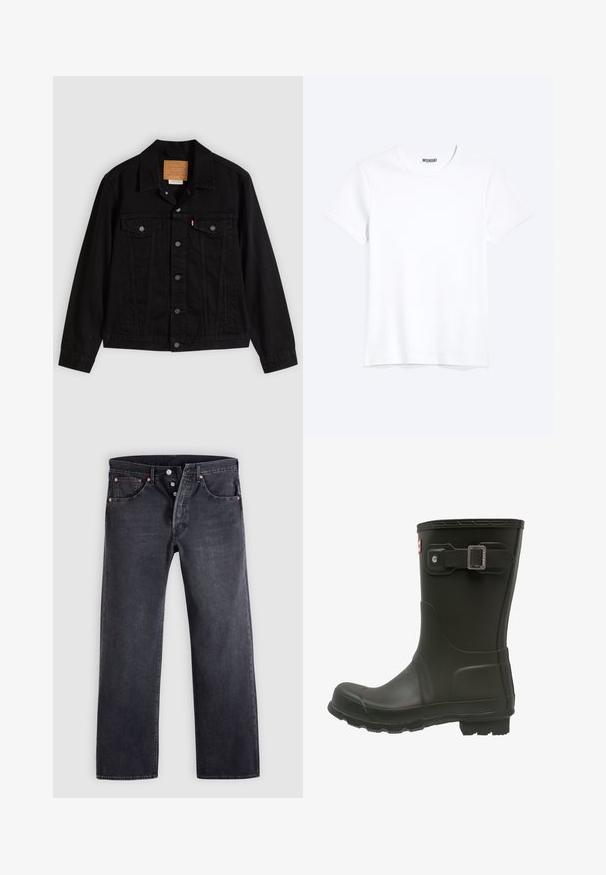 Chaqueta de mezclilla negra con un diseño clásico, que incluye cuello puntiagudo, bolsillos en el pecho, cierre de cinco botones y etiqueta de cuero de la marca.; Camiseta blanca lisa de cuello redondo y manga corta con una etiqueta visible de la marca WEEKDAY en el cuello, mostrada sobre un fondo claro.; Jeans vaqueros negros de corte recto, diseño de cinco bolsillos y detalles de botones de cobre. Textura suave con un acabado ligeramente desgastado.; Botas de lluvia de goma negras con punta redondeada, una correa con hebilla en la parte superior y una suela texturizada para mayor tracción.