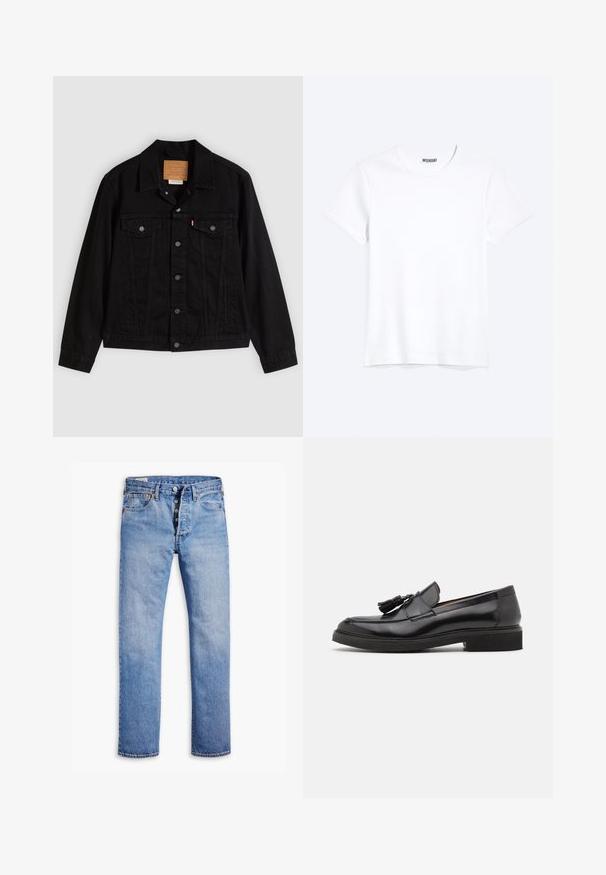 Sort denimjakke med klassisk design, der har en spids krave, brystlommer, lukning med fem knapper og et lædermærke med mærkenavn.; Enkelt hvid T-shirt med korte ærmer og rund hals med synligt WEEKDAY-mærke i kraven, vist på en lys baggrund.; Lysblå denimjeans med lige ben, fem-knaps lukning, bæltestropper og subtilt slid. Har to forlommer og kobbernitter.; Sorte læder loafers med frynse detalje, afrundet tå og en tekstureret sål. Har en glat finish og minimalistisk design.