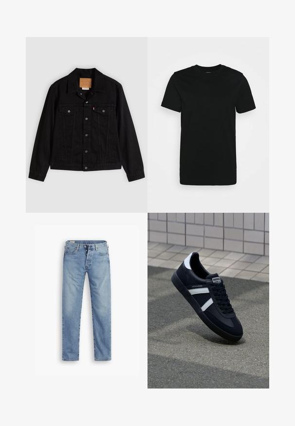 Schwarze Jeansjacke mit klassischem Design, ausgestattet mit spitzem Kragen, Brusttaschen, Fünf-Knopf-Verschluss und Leder-Label der Marke.; Schwarzes kurzärmliges T-Shirt aus glattem Baumwollstoff, mit Rundhalsausschnitt und einem schlichten Design ohne Muster oder Akzente.; Hellblaue Denim-Jeans mit geradem Schnitt. Sie verfügen über einen Knopfverschluss, fünf Taschen und eine leicht verwaschene Textur.; Schwarze Leder-Sneaker mit weißen Streifen, strukturiertem Gummisohle und Schnürung. Verfügt über ein Markenetikett auf der Zunge.
