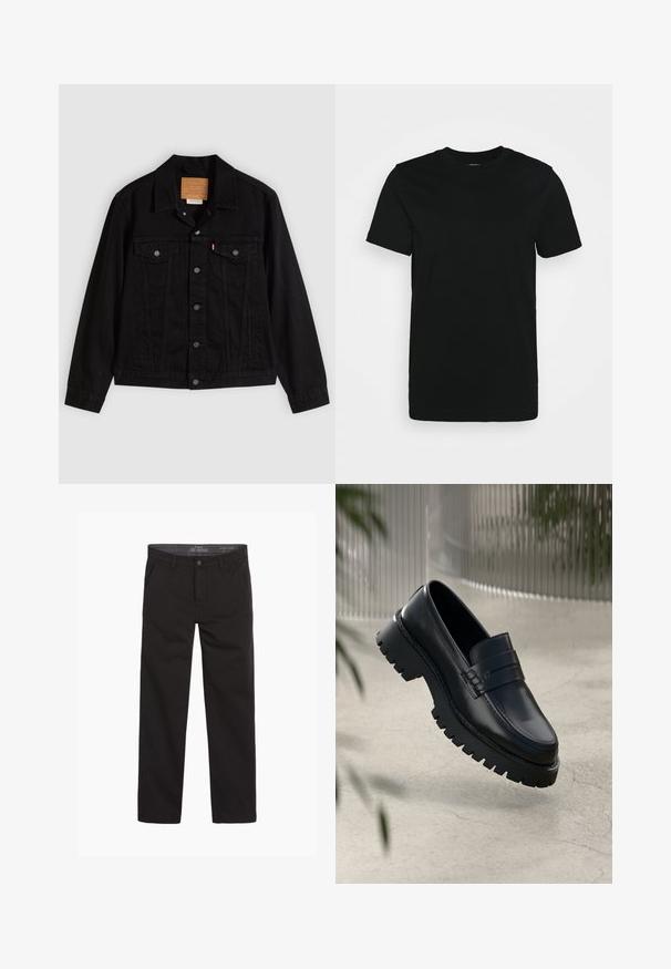 Chaqueta de mezclilla negra con un diseño clásico, que incluye cuello puntiagudo, bolsillos en el pecho, cierre de cinco botones y etiqueta de cuero de la marca.; Camiseta negra de manga corta hecha de algodón suave, con cuello redondo y un diseño sencillo sin estampados ni acentos.; Pantalones de algodón negros con una textura suave, diseño de pierna recta, cremallera en la bragueta y dos bolsillos frontales; estilo minimalista y versátil.; Mocasines de cuero negro con suela gruesa, que presentan una correa decorativa y detalles de costura. Textura suave con un acabado pulido.