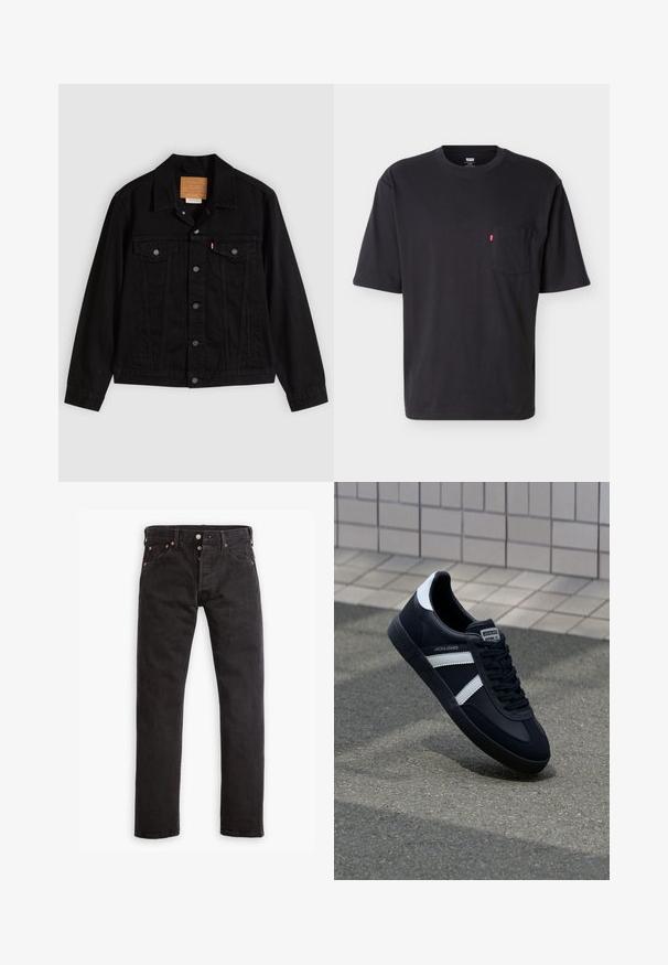 Sort denimjakke med klassisk design, der har en spids krave, brystlommer, lukning med fem knapper og et lædermærke med mærkenavn.; Sort T-shirt med korte ærmer, rund hals og brystlomme med lille rød Levi's logo på lommen mod ensartet lyst baggrund.; Sorte slim-fit jeans med knapåbning, fem lommer og kobbernitter liggende fladt på en hvid baggrund.; Sort lædersneaker med hvide striber, tekstureret gummisål og snørrebånd foran. Har et brandet mærke på tungen.