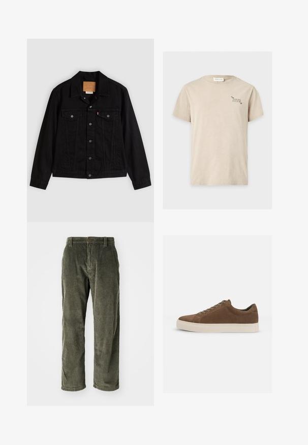 Sort denimjakke med klassisk design, der har en spids krave, brystlommer, lukning med fem knapper og et lædermærke med mærkenavn.; Beige t-shirt med korte ærmer med lille sort tekst "Natural Culture" og insektgrafik på øverste venstre bryst, label "Pier One" inde i kraven.; Olivengrønne fløjlsbukser med lodrette ribber, der har knaplukning og lige ben. Blød tekstur med en klassisk pasform.; Brune ruskind sneakers med snørebånd, beige gummisål, rund tå og subtile syninger på siderne.
