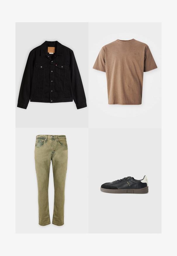 Zwarte spijkerjack met een klassiek ontwerp, voorzien van een puntkraag, borstzakken, vijf knopen aan de voorkant en een leren merkembleem.; Bruine katoenen t-shirt met ronde hals, korte mouwen en een discreet geborduurd logo op de linkerborst. Soepele structuur, relaxte pasvorm.; Olijfgroene rechte denim jeans met knoop- en ritssluiting, voorzakken en riemlussen.; Replay POLYS SCENT - Sneakers laag - black/off white