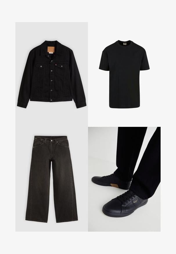 Zwarte spijkerjack met een klassiek ontwerp, voorzien van een puntkraag, borstzakken, vijf knopen aan de voorkant en een leren merkembleem.; Urban Classics SHORTSLEEVE - T-shirt basic - black; Zwarte wijdere denim jeans met voorzakken, knoopsluiting en ceintuurlussen, plat neergelegd op een lichte achtergrond.; Zwarte lederen sneakers met een strak ontwerp, voorzien van een gestructureerd oppervlak, ronde neus en zwarte veters. Gouden logo-detail aan de zijkant.