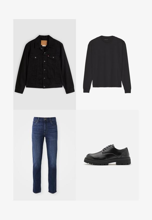 Veste en denim noir au design classique, avec un col pointu, des poches poitrine, une fermeture à cinq boutons et une étiquette de marque en cuir.; T-shirt noir à manches longues en coton doux. Dispose d'un col rond classique, de poignets côtelés et d'une coupe décontractée. Design simple, sans motifs.; Jean en denim bleu foncé avec une coupe droite, comprenant un design classique à cinq poches et un fermoir à bouton en métal. Détails de décoloration subtils sur le tissu.; Chaussures en cuir noir avec un bout rond, un laçage et une semelle en caoutchouc épaisse et texturée. Présente des coutures le long du bord et une finition lisse.