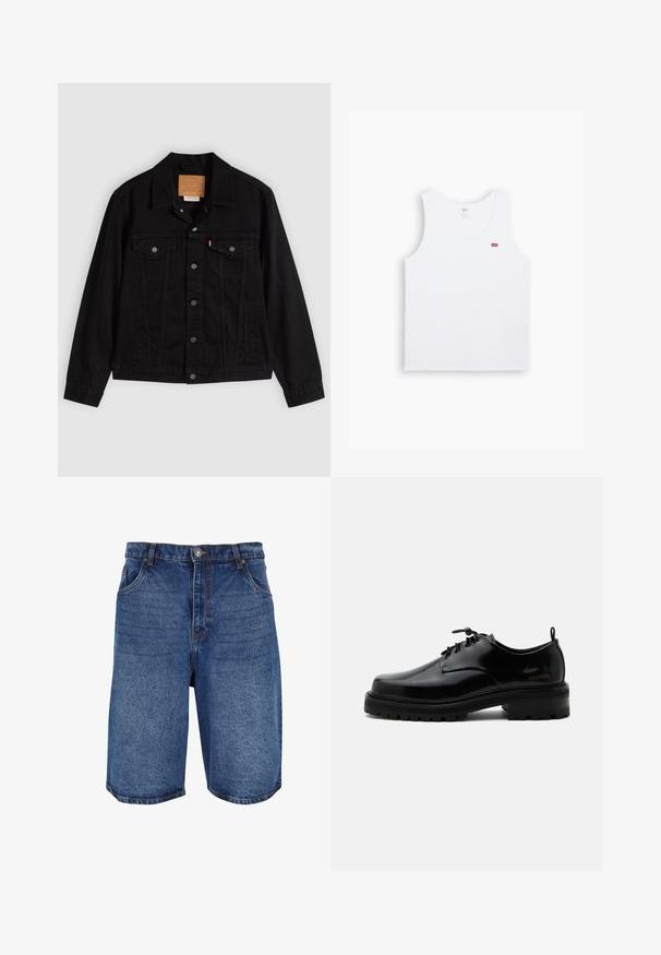 Sort denimjakke med klassisk design, der har en spids krave, brystlommer, lukning med fem knapper og et lædermærke med mærkenavn.; Hvid bomulds tanktop med rund halsudskæring og brede ærmehuller. Har et lille rødt Levi's-logo på venstre bryst. Blød tekstur.; Denimshorts i mellemblå, med et klassisk design, fem lommer og en lynlås med knaplukning. Grov tekstur og lige pasform.; Sort poleret læder snørestøvle med tyk gummisål og lav hæl, sideskilt med mærketekst "SAMSOE" og bageste træksnor.