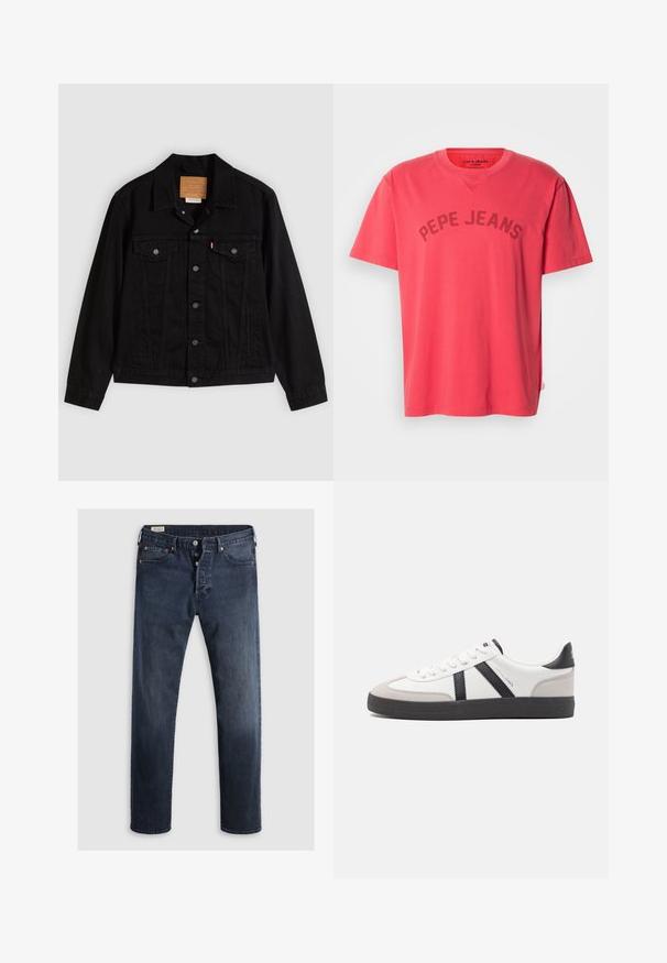 Veste en denim noir au design classique, avec un col pointu, des poches poitrine, une fermeture à cinq boutons et une étiquette de marque en cuir.; T-shirt en coton corail à manches courtes et col rond. Présente l'inscription "PEPE JEANS" imprimée en lettres foncées sur la poitrine.; Jeans en denim bleu foncé avec une coupe droite, dotés d'un zip et de boutons en métal, ainsi que d'accents de rivets en cuivre. Texture lisse, sans motifs visibles.; Baskets blanches avec des accents noirs et gris, présentant un embout texturé gris, une semelle en caoutchouc noir et des lacets plats blancs. Design épuré, style minimaliste.