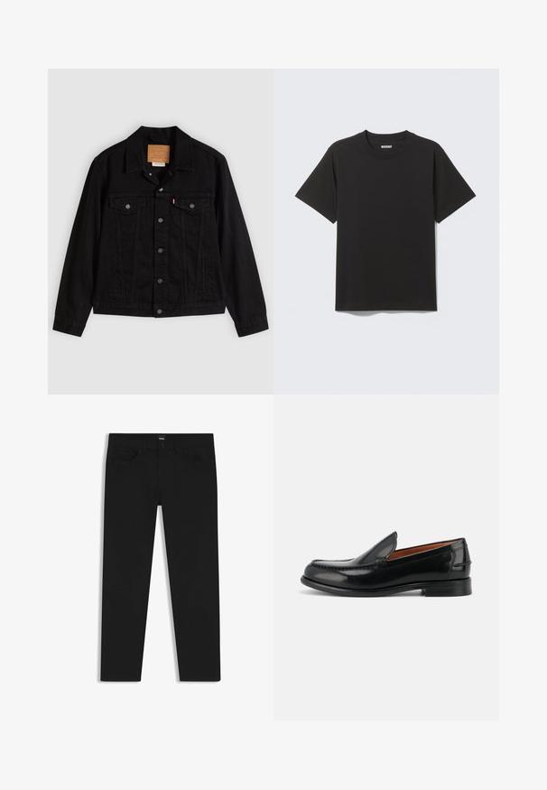 Sort denimjakke med klassisk design, der har en spids krave, brystlommer, lukning med fem knapper og et lædermærke med mærkenavn.; Simpel sort kortærmet bomulds T-shirt med rund halsudskæring og mærket "WEEKDAY" indeni kraven på en lys grå baggrund.; Sorte denimbukser med lige pasform, der har en standard talje, fem lommer og en knaplukning. Glat struktur over det hele.; Sort poleret læder slip-on loafer med lav hæl og syninger langs tåen og siderne, vist fra siden.