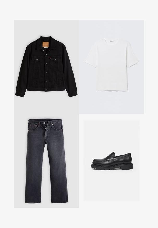 Veste en denim noir au design classique, avec un col pointu, des poches poitrine, une fermeture à cinq boutons et une étiquette de marque en cuir.; T-shirt blanc uni à manches courtes et col rond, avec une petite étiquette "WEEKDAY" à l'intérieur du col arrière, présenté à plat.; Jean en denim noir avec une coupe droite, design à cinq poches, et boutons en cuivre. Texture lisse avec une légère finition délavée.; Mocassin en cuir noir avec semelle épaisse crantée et détail de bride penny, présenté en profil droit sur fond blanc.